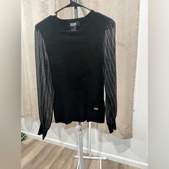 NWOT DKNY Black Ribbed Sweater with Sheer Striped Sleeves - Picture 1 of 5